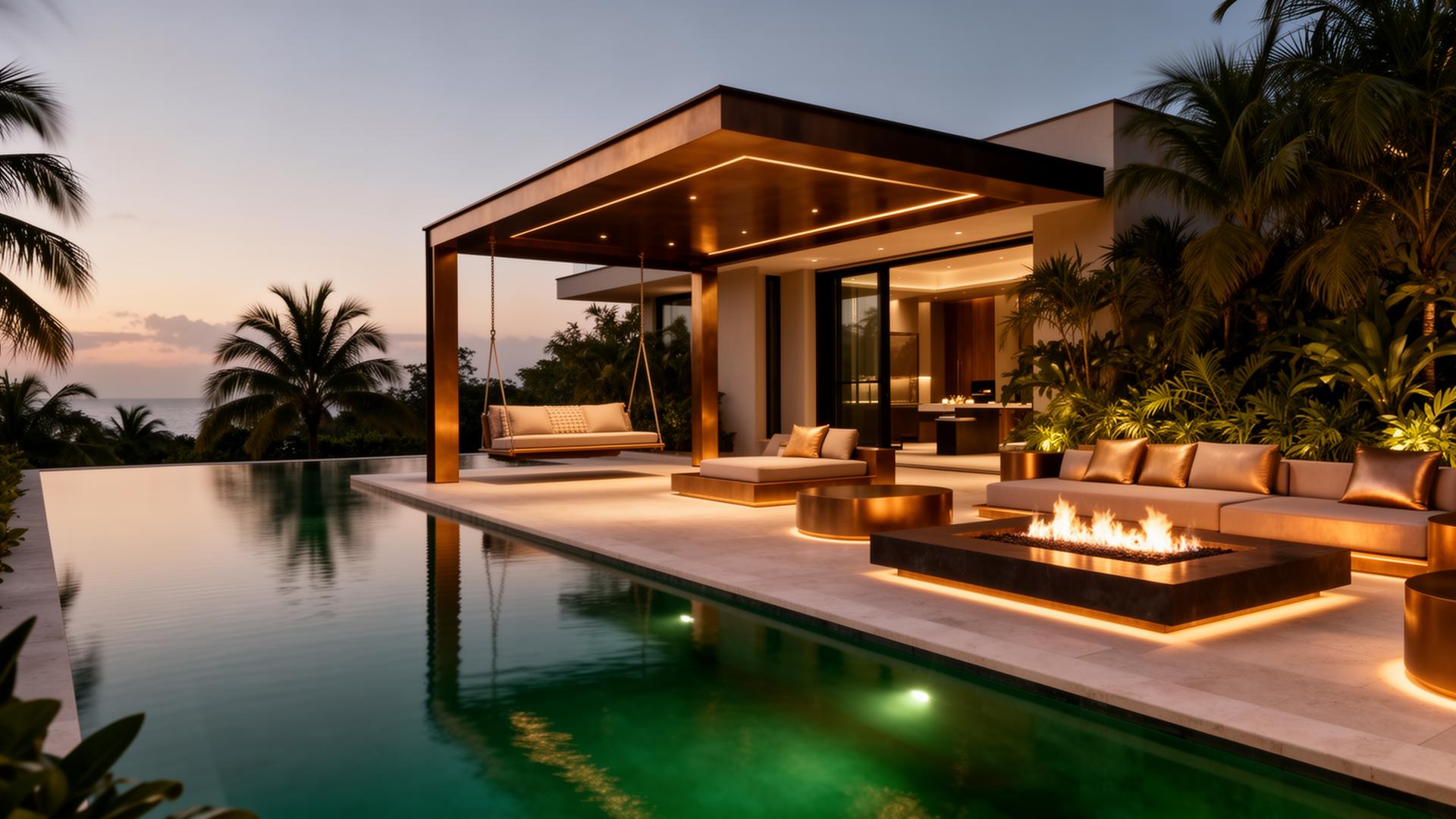Resort-grade pool deck and fire pit lounge