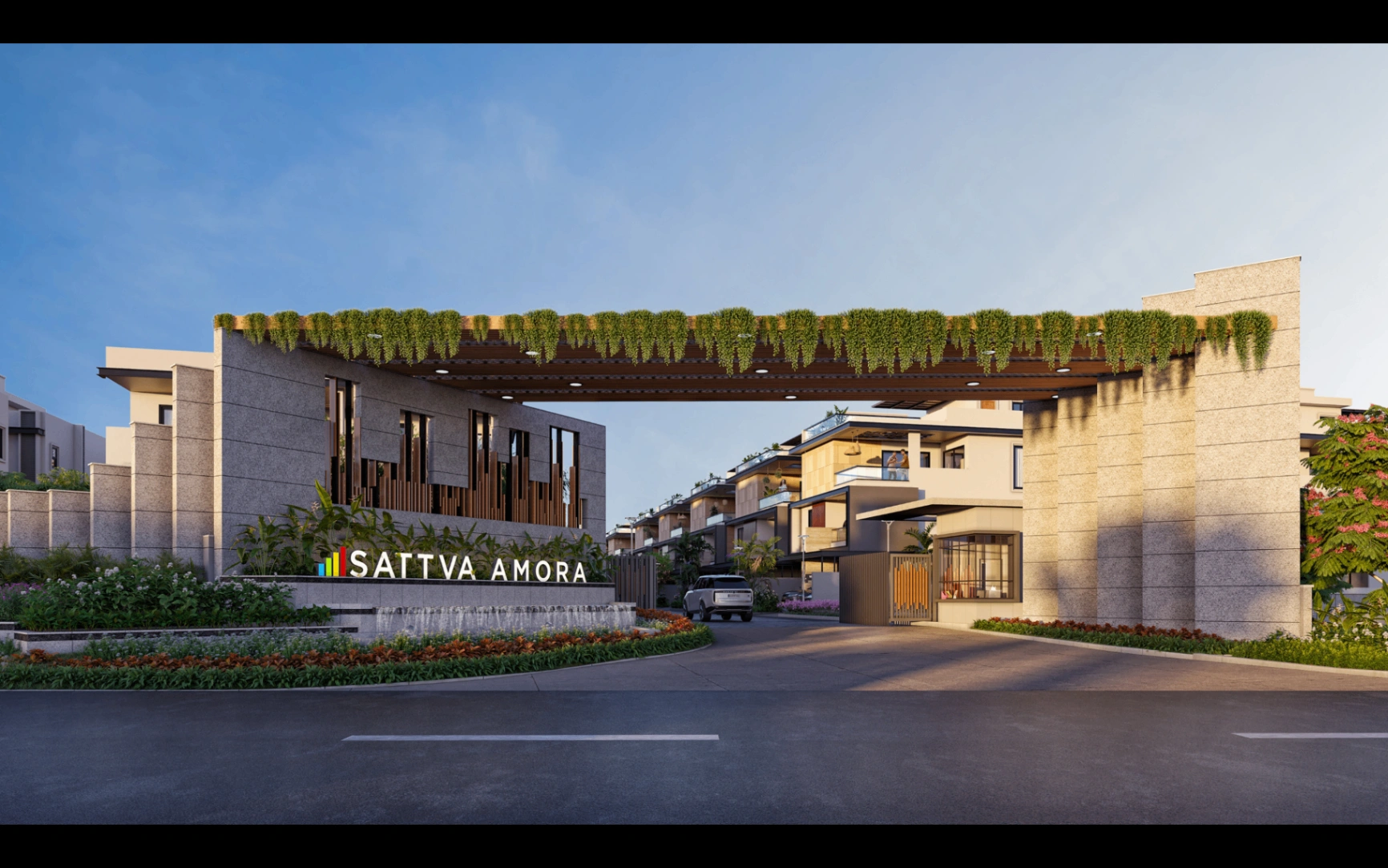 Grand gated entrance with security cabin at Sattva Amora