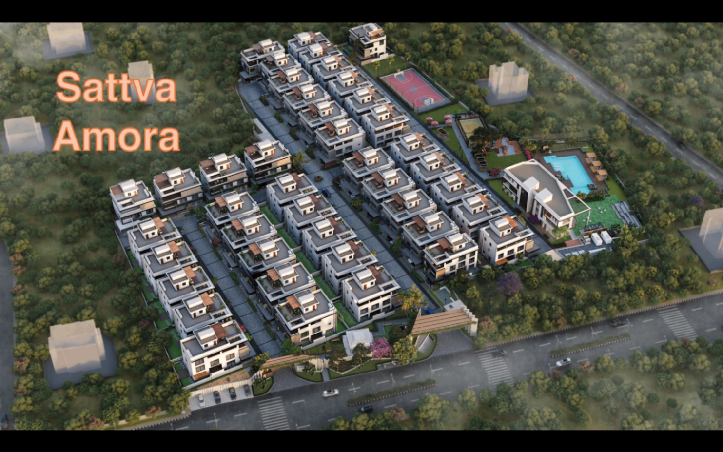 Day aerial view of the Sattva Amora masterplan and villa rows