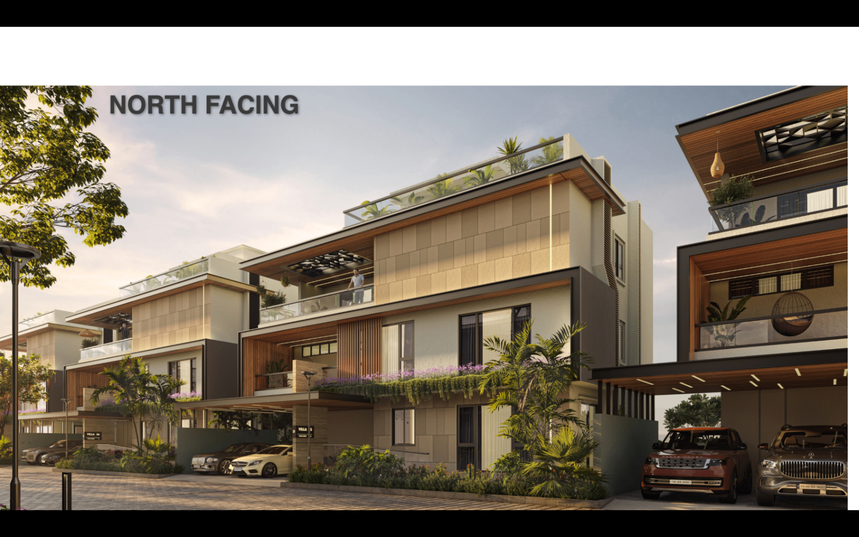 North-facing villa elevation with wide terraces and planted edges