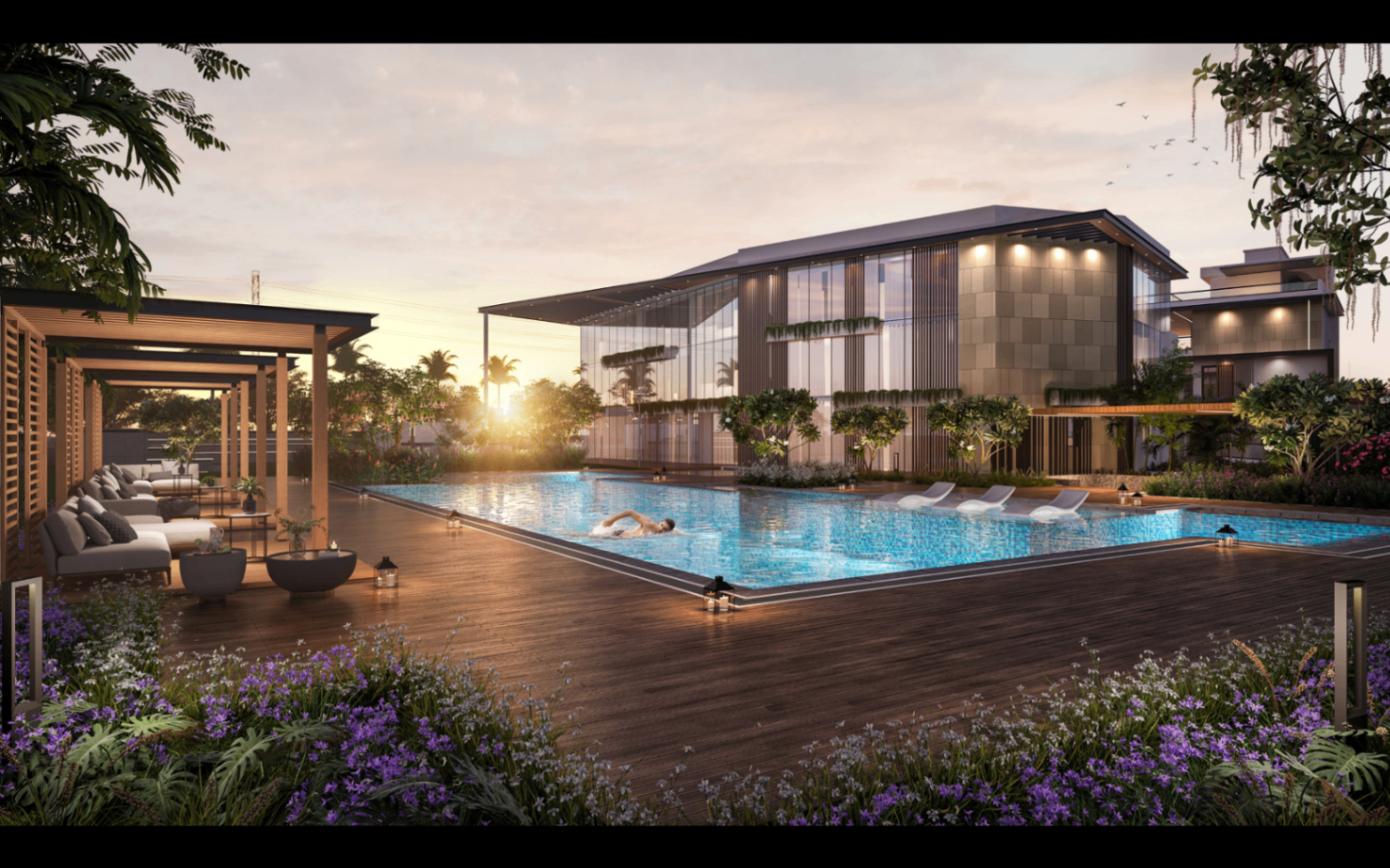 Resort-style pool deck and clubhouse leisure zone at Satva Amora