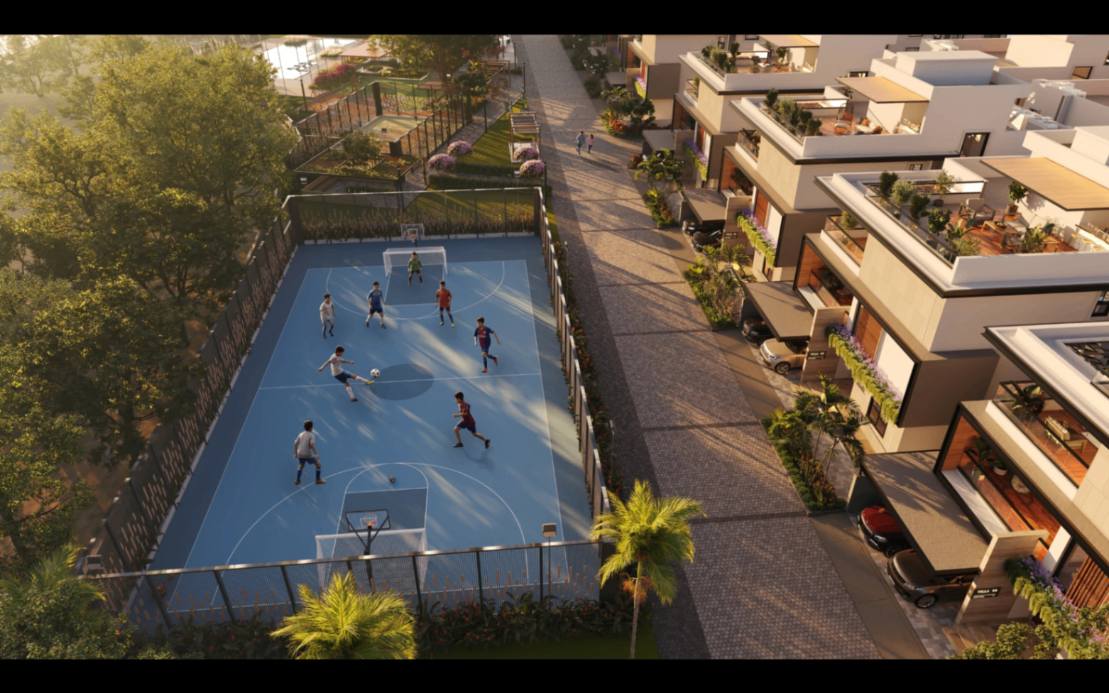 Sports court beside villa rows at Sattva Amora