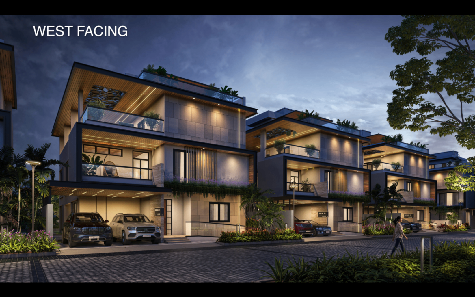 West-facing Satva Amora villas illuminated at dusk